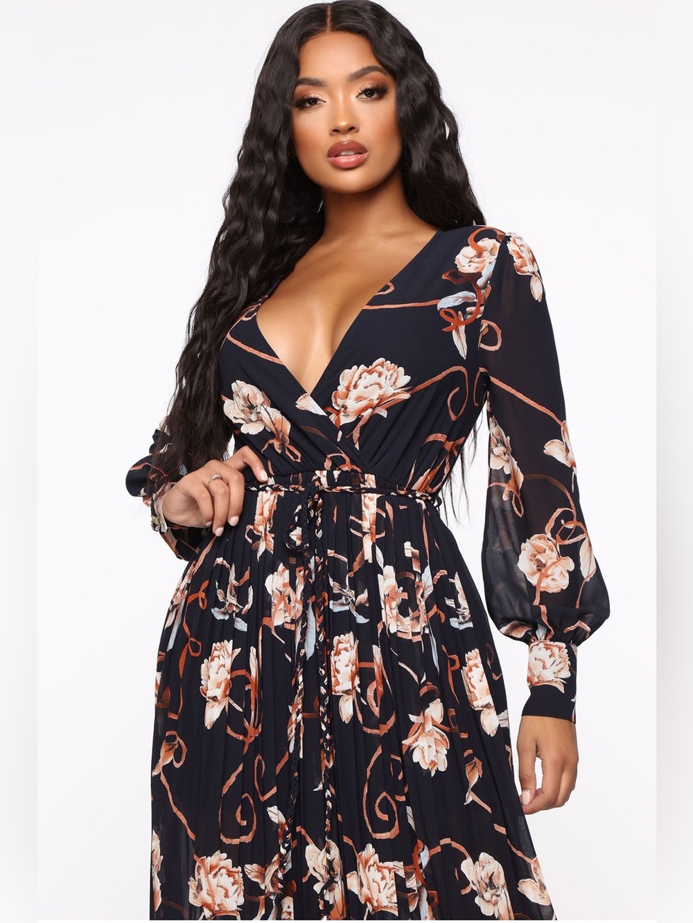 Fashion Nova Maxi Pleated Dress- Navy